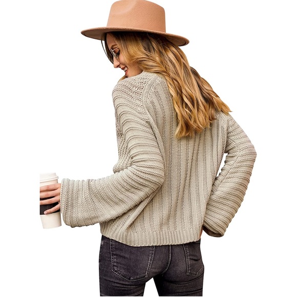 NWOT Oversized Crop Pullover Sweater Casual Round Neck Chunky Sweater- Apricot - Picture 3 of 5